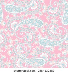 Paisley vector seamless design featuring stunning flowers and leaves in a batik-inspired style. Vintage backdrop