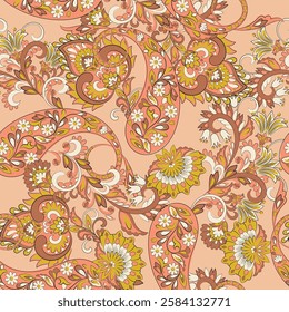 Paisley vector seamless design featuring stunning flowers and leaves in a batik-inspired style. Vintage backdrop