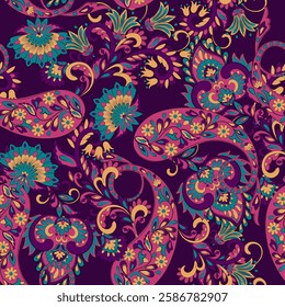 Paisley vector seamless design featuring stunning flowers and leaves in a batik-inspired style. Vintage backdrop