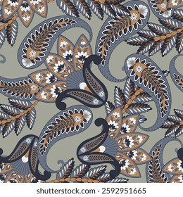 Paisley vector seamless design featuring stunning flowers and leaves in a batik-inspired style. Vintage backdrop