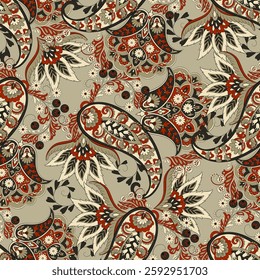 Paisley vector seamless design featuring stunning flowers and leaves in a batik-inspired style. Vintage backdrop