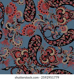 Paisley vector seamless design featuring stunning flowers and leaves in a batik-inspired style. Vintage backdrop
