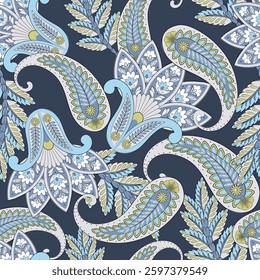 Paisley vector seamless design featuring stunning flowers and leaves in a batik-inspired style. Vintage backdrop