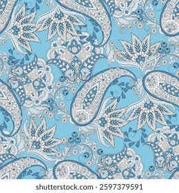 Paisley vector seamless design featuring stunning flowers and leaves in a batik-inspired style. Vintage backdrop
