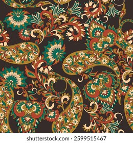 Paisley vector seamless design featuring stunning flowers and leaves in a batik-inspired style. Vintage backdrop