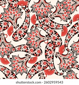 Paisley vector seamless design featuring stunning flowers and leaves in a batik-inspired style. Vintage backdrop
