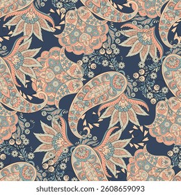 Paisley vector seamless design featuring stunning flowers and leaves in a batik-inspired style. Vintage backdrop