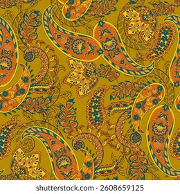 Paisley vector seamless design featuring stunning flowers and leaves in a batik-inspired style. Vintage backdrop