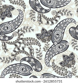 Paisley vector seamless design featuring stunning flowers and leaves in a batik-inspired style. Vintage backdrop
