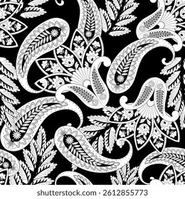 Paisley vector seamless design featuring stunning flowers and leaves in a batik-inspired style. Vintage backdrop