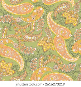 Paisley vector seamless design featuring stunning flowers and leaves in a batik-inspired style. Vintage backdrop
