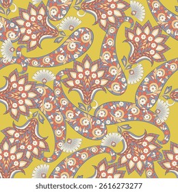 Paisley vector seamless design featuring stunning flowers and leaves in a batik-inspired style. Vintage backdrop
