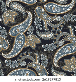 Paisley vetor design sem emenda com flores deslumbrantes e folhas em um estilo inspirado batik. Tela de fundo vintage