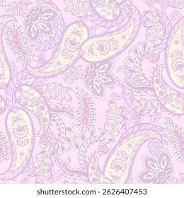 Paisley vector seamless design featuring stunning flowers and leaves in a batik-inspired style. Vintage backdrop