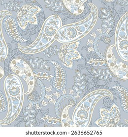 Paisley vector seamless design featuring stunning flowers and leaves in a batik-inspired style. Vintage backdrop