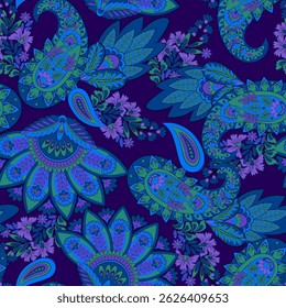 Paisley vector seamless design flowers and leaves in a batik-inspired style. Vintage fabric backdrop