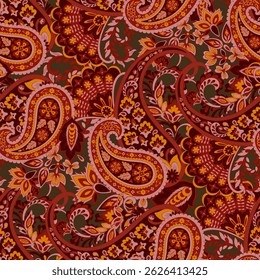 Paisley vector seamless design flowers and leaves in a batik-inspired style. Vintage fabric backdrop