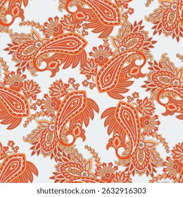 Paisley vector seamless design flowers and leaves in a batik-inspired style. Vintage fabric backdrop