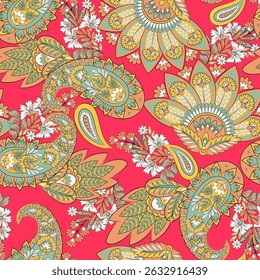 Paisley vector seamless design flowers and leaves in a batik-inspired style. Vintage fabric backdrop