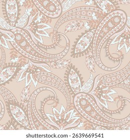 Paisley vector seamless design flowers and leaves in a batik-inspired style. Vintage fabric backdrop