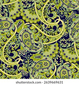 Paisley vector seamless design flowers and leaves in a batik-inspired style. Vintage fabric backdrop