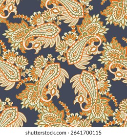 Paisley vector seamless design flowers and leaves in a batik-inspired style. Vintage fabric backdrop