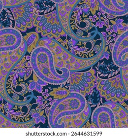 Paisley vector seamless design flowers and leaves in a batik-inspired style. Vintage fabric backdrop