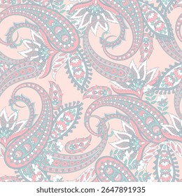 Paisley vector seamless design flowers and leaves in a batik-inspired style. Vintage fabric backdrop