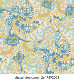 Paisley vector seamless design flowers and leaves in a batik-inspired style. Vintage fabric backdrop