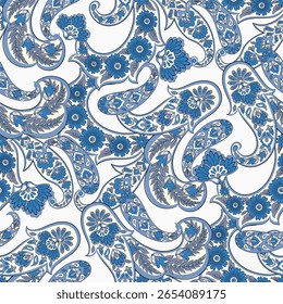 Paisley vector seamless design flowers and leaves in a batik-inspired style. Vintage fabric backdrop