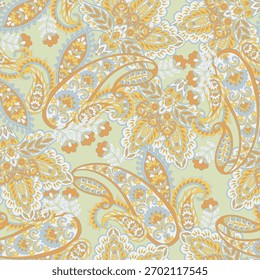 Paisley vector seamless design flowers and leaves in a batik-inspired style. Vintage fabric backdrop