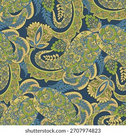 Paisley vector seamless design flowers and leaves in a batik-inspired style. Vintage fabric backdrop