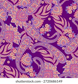 Paisley vetor sem costura design flores e folhas em um estilo inspirado batik. Fundo de tecido vintage
