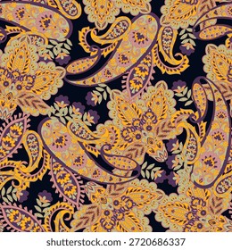 Paisley vetor sem costura design flores e folhas em um estilo inspirado batik. Fundo de tecido vintage