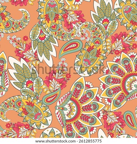 Paisley vector seamless design flowers and leaves in a batik-inspired style. Vintage fabric backdrop