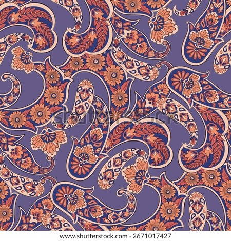 Paisley vector seamless design flowers and leaves in a batik-inspired style. Vintage fabric backdrop