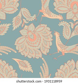 Paisley vector seamless pattern with Birds. 