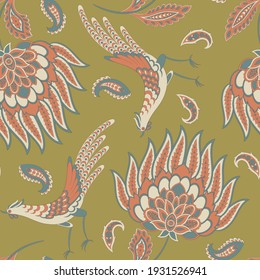 Paisley vector seamless pattern with Birds. Damask style fabric illustration