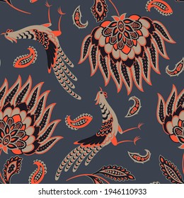 Paisley vector seamless pattern with Birds. Damask style fabric illustration