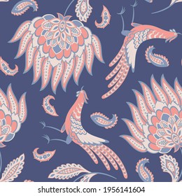 Patrón sin fisuras del vector Paisley con aves. Ilustración de tejido de estilo Damasco