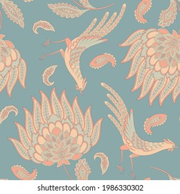 Paisley vector seamless pattern with Birds. Damask style fabric illustration
