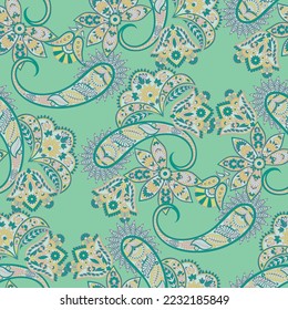 Paisley vector seamless pattern with Birds. Damask style fabric illustration