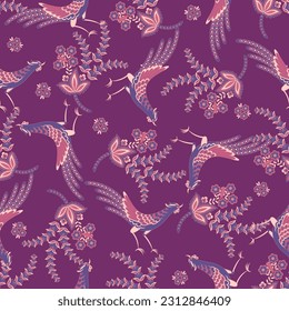 Paisley vector seamless pattern with Birds. Damask style fabric illustration