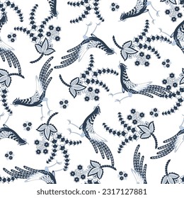 Paisley vector seamless pattern with Birds. Damask style fabric illustration