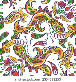 Paisley vector seamless pattern with Birds. Damask style fabric illustration