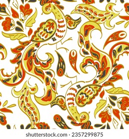 Paisley vector seamless pattern with Birds. Damask style fabric illustration