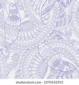 Paisley vector seamless pattern with Birds. Damask style fabric illustration