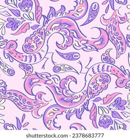 Paisley vector seamless pattern with Birds. Damask style fabric illustration