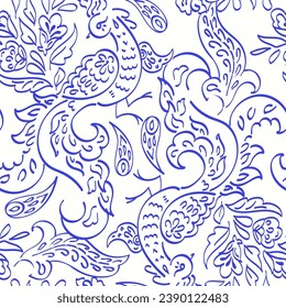 Paisley vector seamless pattern with Birds. Damask style fabric illustration