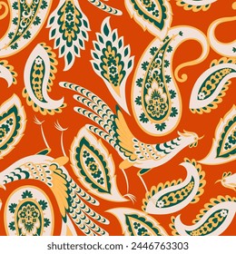 Paisley vector seamless pattern with Birds. Damask style fabric illustration